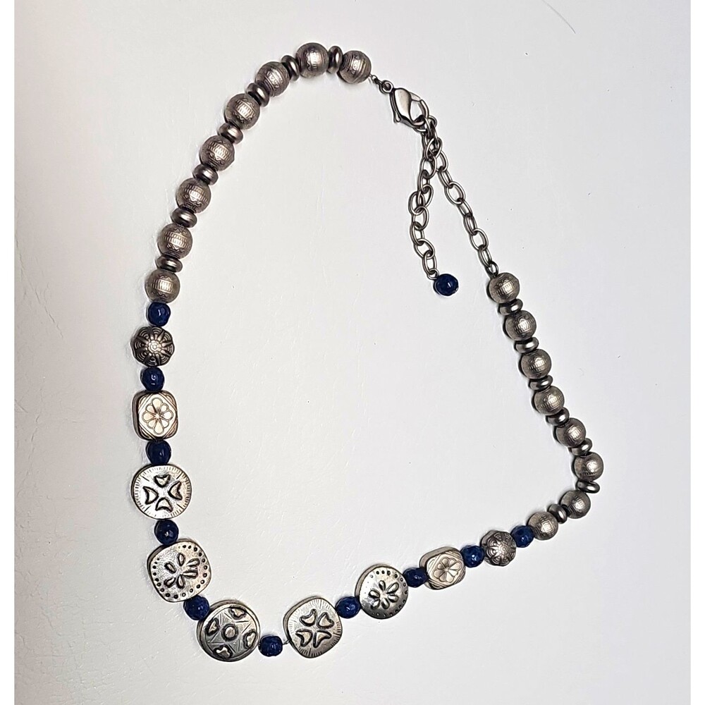Silver Tone Metal Beaded Necklace Blue Round Floral Charm Adjustable Lobster